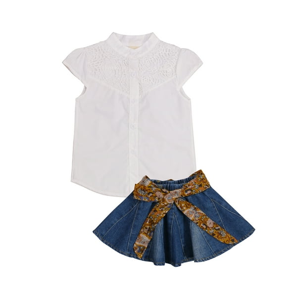 2 Pcs/Set Girls Summer Short Sleeve Lace Tops and Blue Skirt with Shoulder-Straps for 1-6 Years Baby Toddler Girl 2 Pcs/Set Girls Summer Short Sleeve Lace Tops and Blue Skirt with Shoulder-Straps for 1-6 Years Baby Toddler Girl